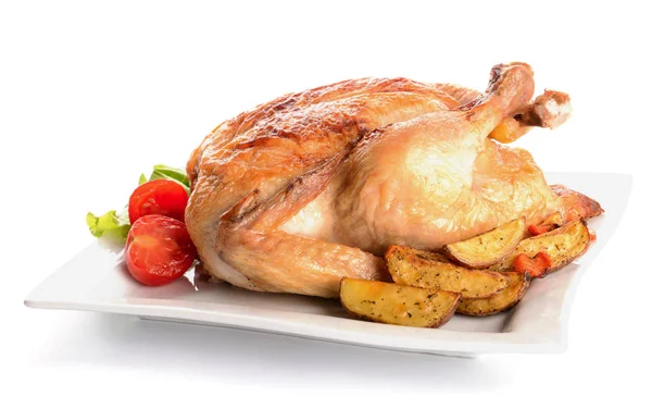 Assiette avec poulet cuit au four et pomme de terre sur fond blanc — Photo