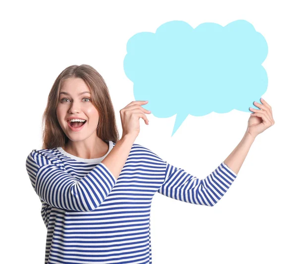 Young woman with blank speech bubble on white background — Stock Photo, Image