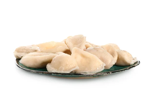 Plate with tasty dumplings on white background — Stock Photo, Image