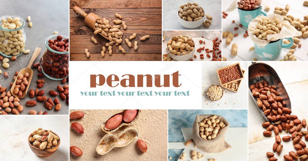 Collage of photos with tasty peanuts 