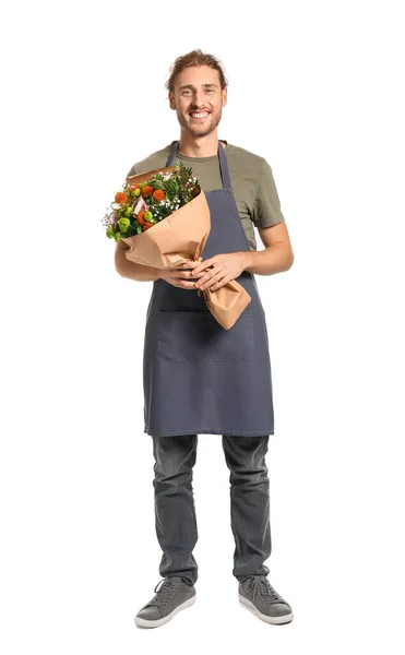 Male florist with bouquet on white background — Stock Photo, Image