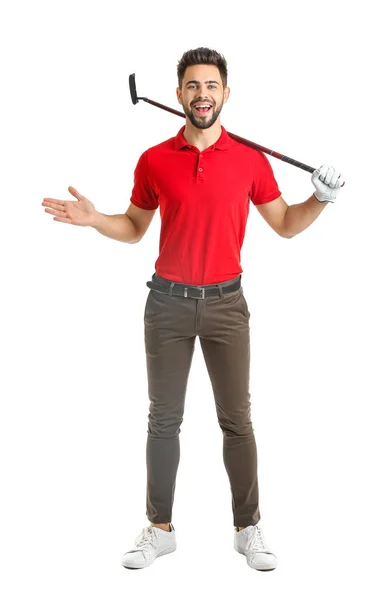 Bello golfista maschio su sfondo bianco — Foto Stock