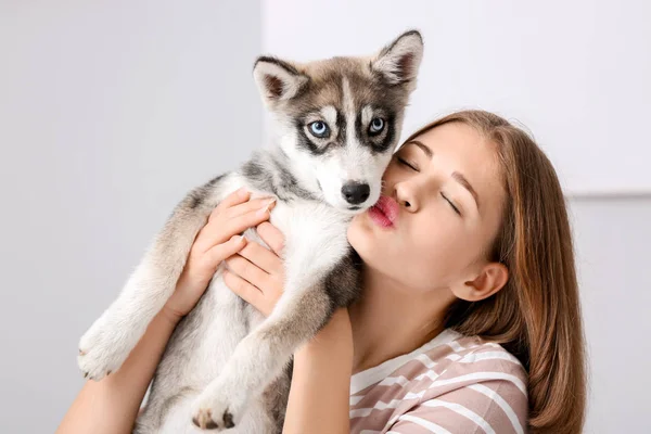 Cute teenage girl with funny husky puppy at home — Stock Photo, Image