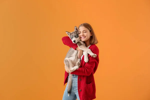 Cute teenage girl with funny husky puppy on color background — Stock Photo, Image