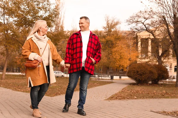 Glückliches älteres Paar spaziert im Herbstpark — Stockfoto