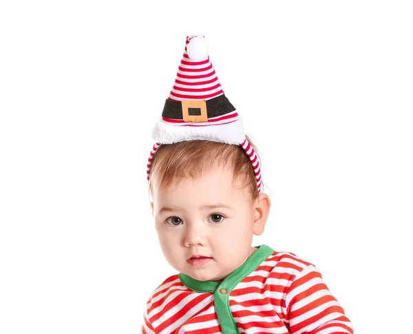 Cute little baby with Christmas decor on white background — Stock Photo, Image