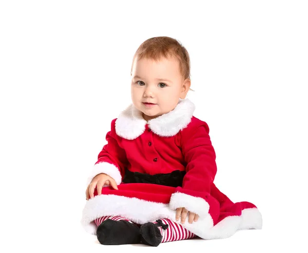 Cute little baby in Santa Claus costume on white background — Stock Photo, Image