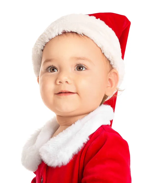 Bonito bebê em traje de Papai Noel no fundo branco — Fotografia de Stock