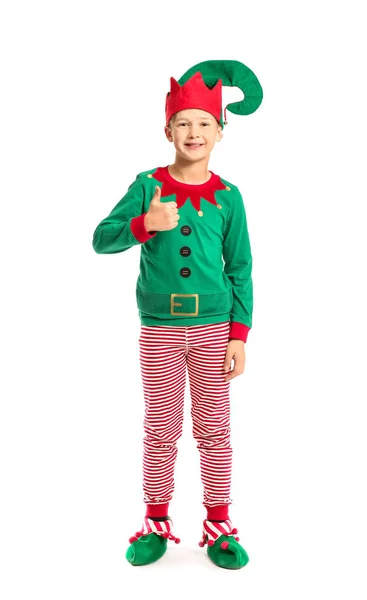 Little boy in costume of elf showing thumb-up gesture on white background — Stock Photo, Image