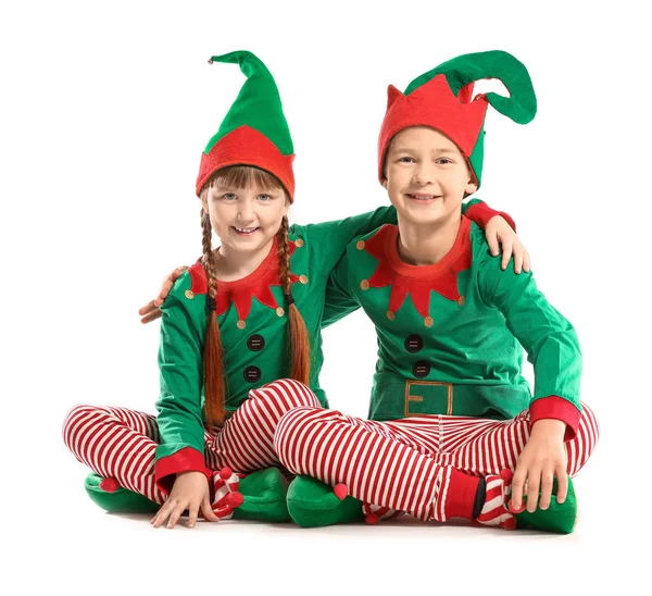 Little children in costume of elf on white background — Stock Photo, Image