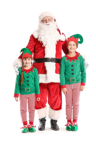Kerstman en kleine elf kinderen op witte achtergrond — Stockfoto