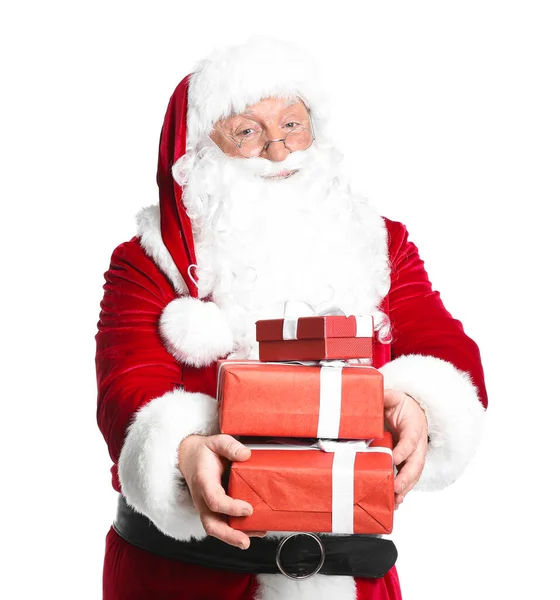 Санта-Клаус с подарками на белом фоне — стоковое фото