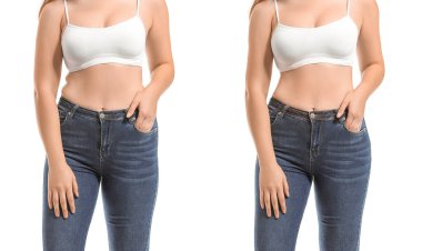 Genç kadın önce ve sonra beyaz arka plan üzerinde kilo kaybı