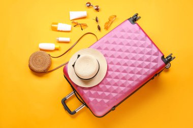 Renk arkaplanında seyahat aksesuarları olan bavul