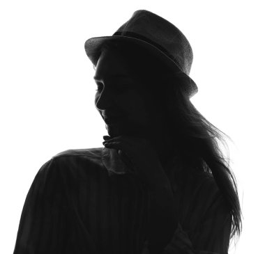 Beyaz arka planda güzel genç bir kadının silueti.