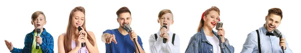 Collage de diferentes cantantes con micrófonos sobre fondo blanco — Foto de Stock