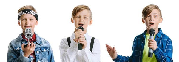 Collage di carino bambino con microfoni su sfondo bianco — Foto Stock