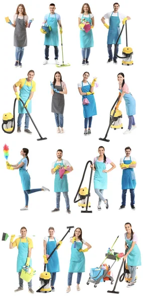 Collage of janitors with cleaning supplies on white background — Stock Photo, Image