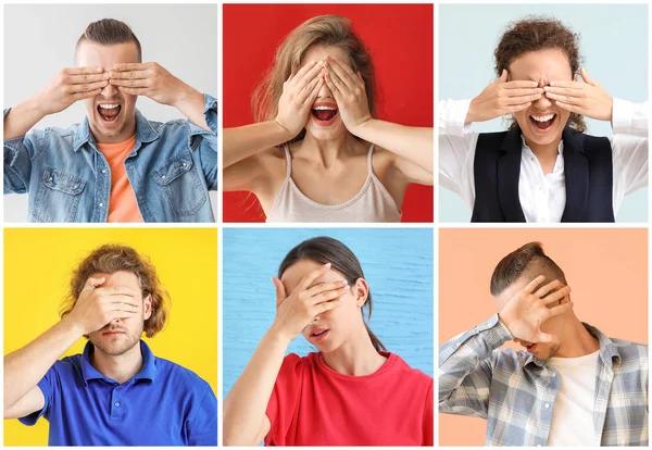 Kollage av bilder med olika blinda människor som täcker sina ögon — Stockfoto