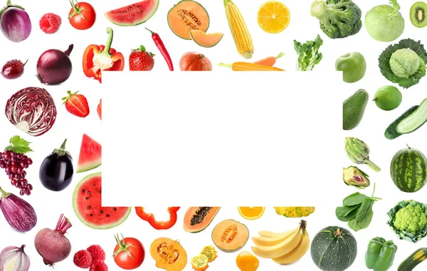 Assortment of fresh vegetables and fruits with space for text on white background — Stock Photo, Image