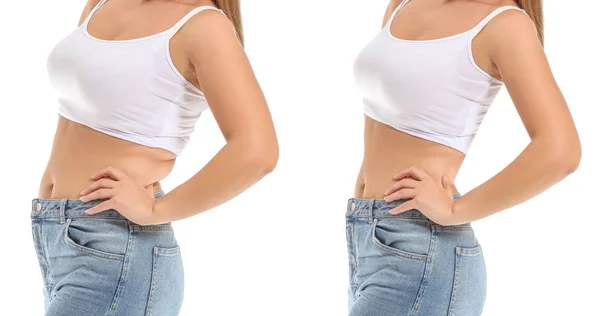 Young woman before and after weight loss on white background — Stock Photo, Image