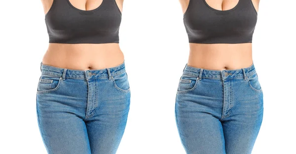 Mulher jovem antes e depois da perda de peso no fundo branco — Fotografia de Stock