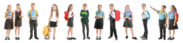 Farklı okul üniformalarıyla beyaz arka planda sevimli küçük öğrencilerle kolaj. — Stok fotoğraf