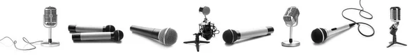 Verschiedene Mikrofone auf weißem Hintergrund — Stockfoto
