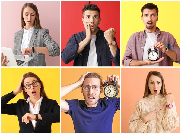 Collage con diferentes personas estresadas en el fondo de color. Concepto de fecha límite — Foto de Stock