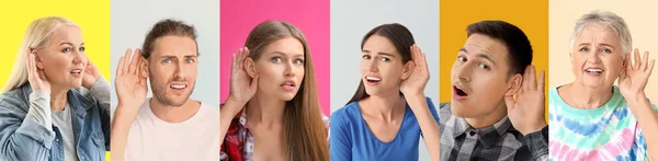 Different people with hearing problem on color background — ストック写真