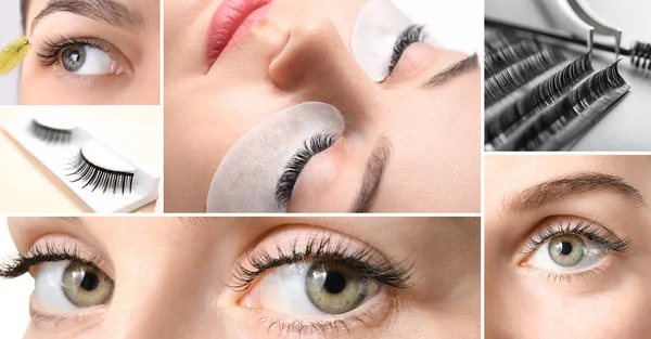 Collage of photos with woman undergoing eyelash treatment, closeup — Stock Photo, Image