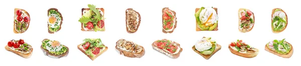 Diferentes sanduíches saborosos no fundo branco — Fotografia de Stock