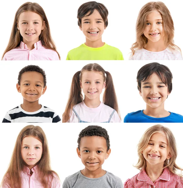 Коллаж с разными маленькими детьми на белом фоне — стоковое фото