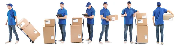 Set of delivery man with boxes on white background — Stock Photo, Image