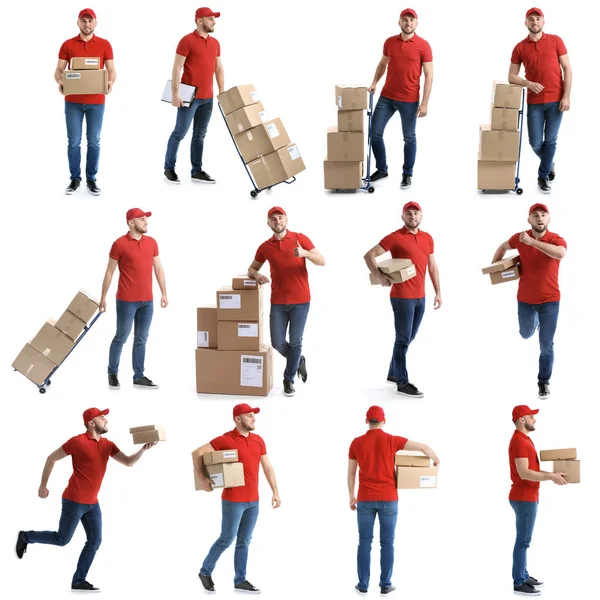 Set of delivery man with boxes on white background — Stock Photo, Image