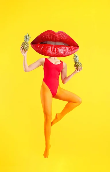 Funny collage with woman and sexy female lips on color background — Stock Photo, Image