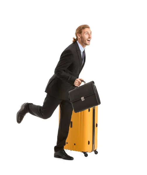 Empresário apressado com bagagem isolada em branco — Fotografia de Stock