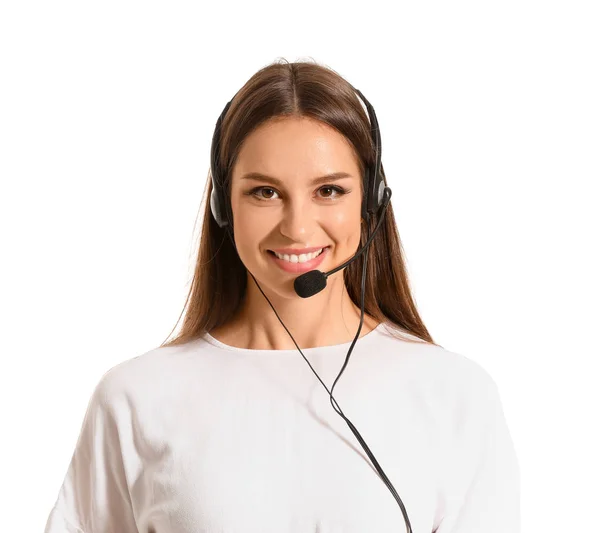 Female technical support agent on white background — Stock Photo, Image