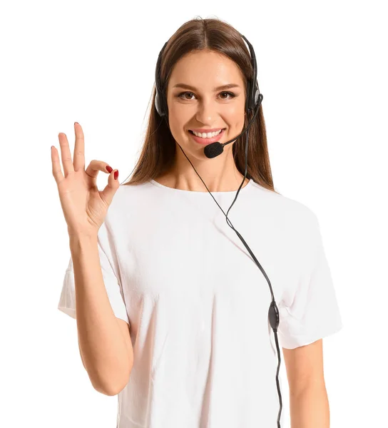 Žena technické podpory agent ukazující Ok gesto na bílém pozadí — Stock fotografie