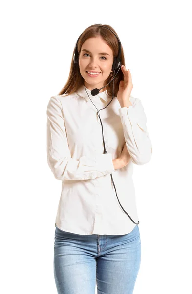 Agente de suporte técnico feminino em fundo branco — Fotografia de Stock