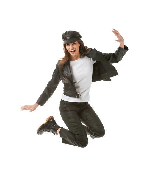 Jumping stylish woman on white background — Stock Photo, Image