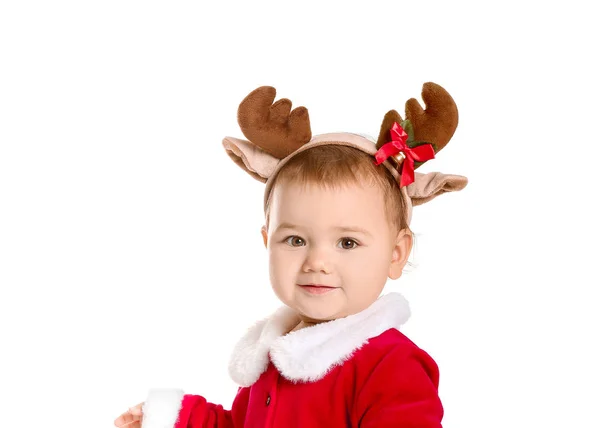 Söt liten bebis i Santa Claus kostym och rådjur horn på vit bakgrund — Stockfoto