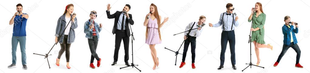 Collage of different singers with microphones on white background