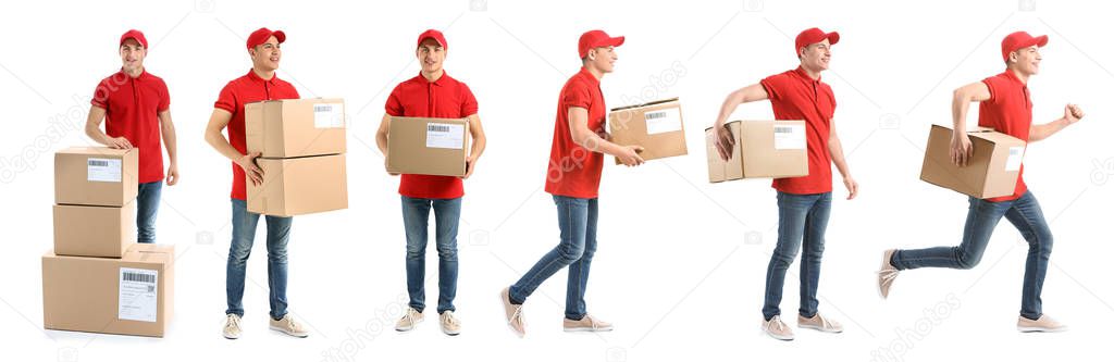 Set of delivery man with boxes on white background