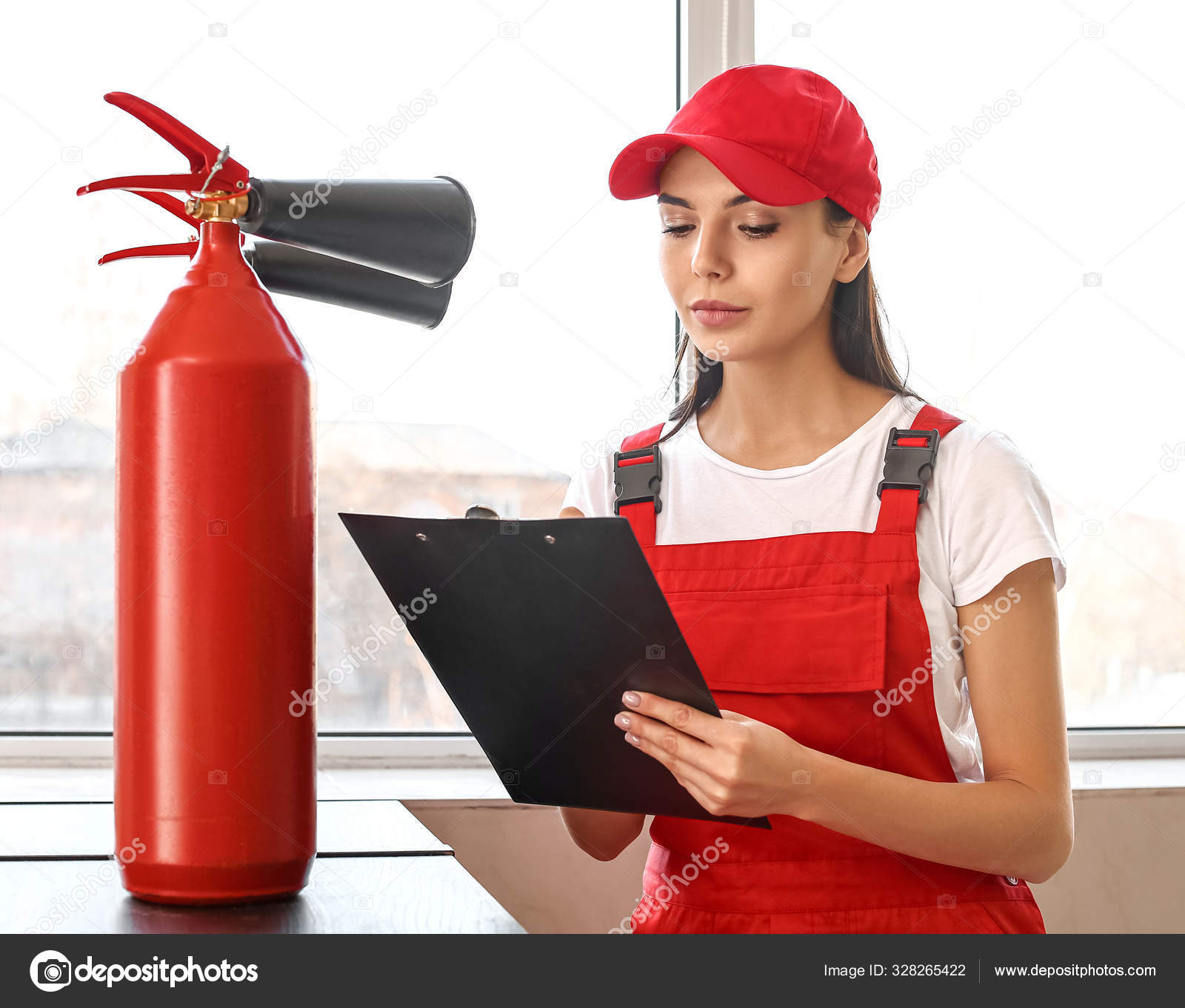 Fire safety specialist inspecting extinguisher Stock Photo by ©serezniy