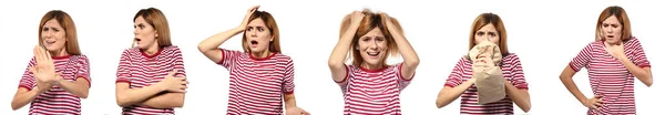 Conjunto de mulher tendo ataque de pânico no fundo branco — Fotografia de Stock