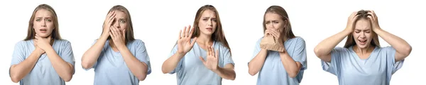 Conjunto de mujeres que tienen ataque de pánico sobre fondo blanco —  Fotos de Stock