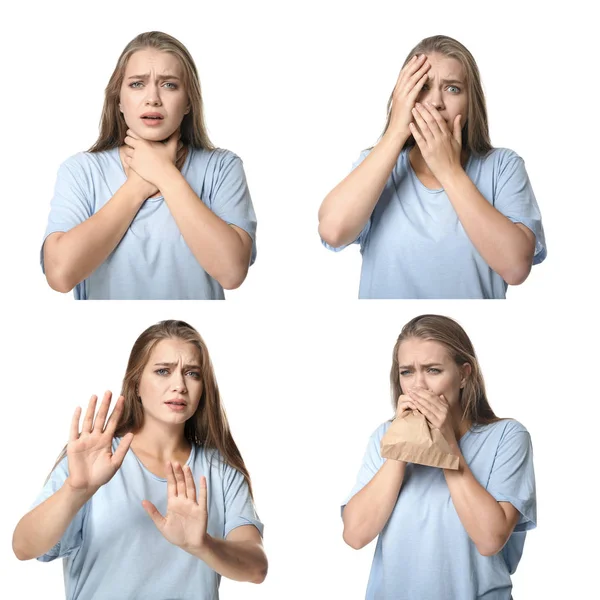 Set of woman having panic attack on white background — Stock Photo, Image