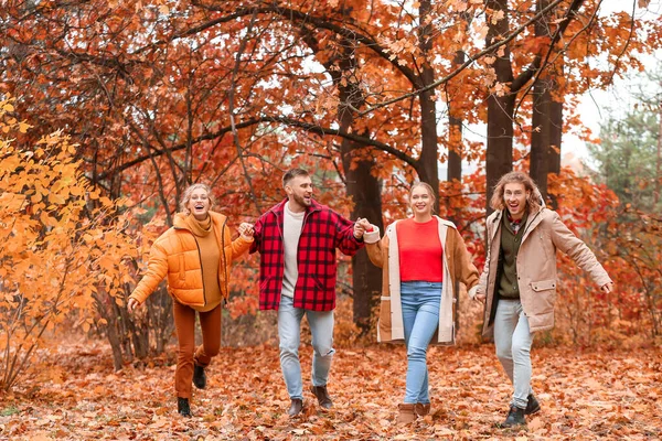 Happy young friends resting together in autumn park — Stock Photo, Image