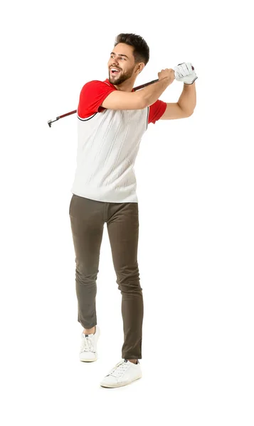 Bonito golfista masculino no fundo branco — Fotografia de Stock